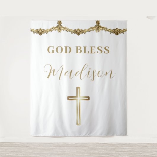 Gold Cross-God Bless Baby Custom Baptism Tapestes Wandteppich (Vorderseite)