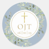 Gold Cross Monogram Initials Greenery Dusty Blue Runder Aufkleber (Vorderseite)