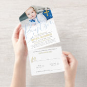 Gold Cross Pale Blue Script Photo Baptism Foil All-in-One-Einladung (Abreißstreifen)