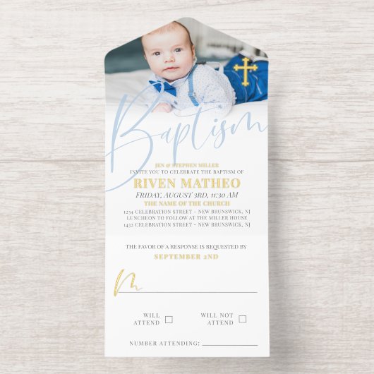 Gold Cross Pale Blue Script Photo Baptism Foil All-in-One-Einladung (Innenseite)