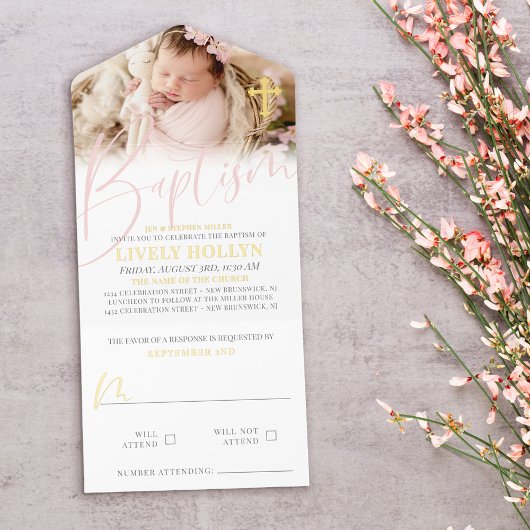 Gold Cross Pale Pink Script Photo Baptism Foil All-in-One-Einladung