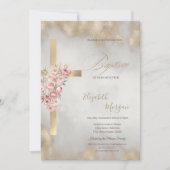 Gold Cross Pink Flowers Baptism Glitter Gold Einladung (Vorderseite)