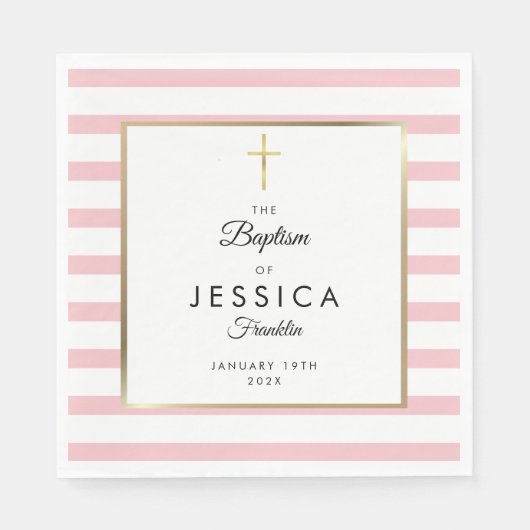 Gold Cross Pink Stripe Taufe Christening Serviette (Vorderseite)