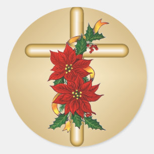 Gold Cross Poinsettia Weihnachtskleber Runder Aufkleber
