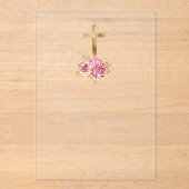 Gold Cross Rosa Floral Gold Text Erste Kommune Acryleinladungen (Vorderseite)