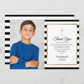 Gold Cross Striping First Holy Communion Foto Dankeskarte (Vorne/Hinten)
