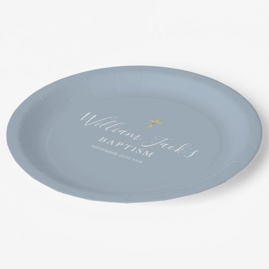 Gold Cross Taufe Christening Dusty Blue Pappteller (Schrägansicht)