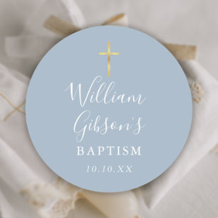 Gold Cross Taufe Christening Dusty Blue Runder Aufkleber