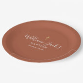 Gold Cross Taufe Christening Terracotta Pappteller (Schrägansicht)