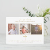 Gold Cross Tri Foto Moderne Erste Kommune Einladung (Stehend Vorderseite)