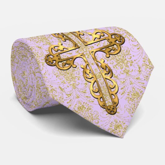 Gold Cross und Gold Damask auf Lilac Background Kr Krawatte (Gerollt)