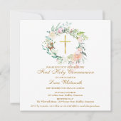 Gold Cross Wasserfarben Blütenblume Erste Heilige Einladung (Vorderseite)