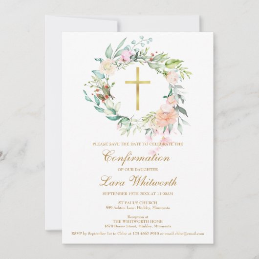 Gold Cross Watercolor Floral Confirmation Save The Date (Vorderseite)