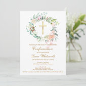 Gold Cross Watercolor Floral Confirmation Save The Date (Stehend Vorderseite)