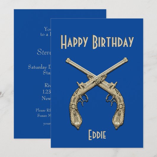 Gold Crossed Pistols Blue Birthday Party Einladung (Vorne/Hinten)