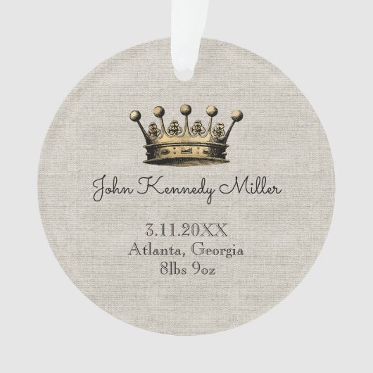 Gold Crown Baby Birth Ankündigung Keepake Linen Ornament (Vorderseite)