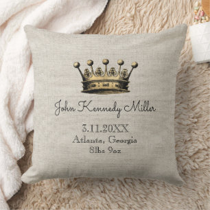 Gold Crown Beige Baby Birth Ankündigung Keepake Kissen