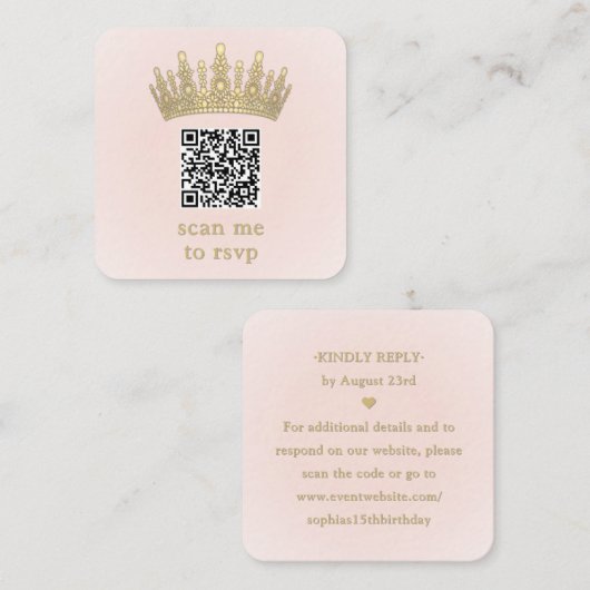Gold Crown Blush Pink Quinceañera Scan Me QR RSVP Begleitkarte (Vorne/Hinten)