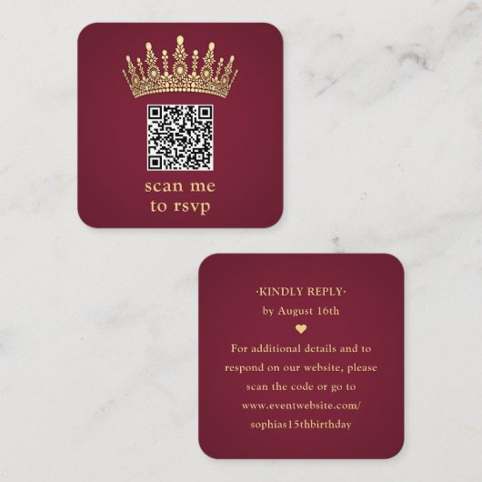 Gold Crown Burgundy Quinceañera Scan Me QR RSVP Begleitkarte (Vorne/Hinten)