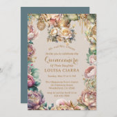 Gold Crown Diamond Blume Quinceanera Einladung (Vorne/Hinten)