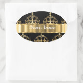 Gold Crown Pattern on Black Ovaler Aufkleber (Tasche)