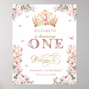 Gold Crown Princess Girl 1. Geburtstag Willkommen Poster