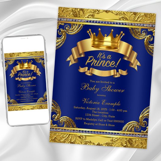 Gold Crown Royal Blue Extravagant Prince Baby Dusc Einladung