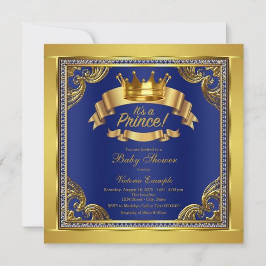 Gold Crown Royal Blue Gold Prince Baby Dusche Einladung (Vorderseite)