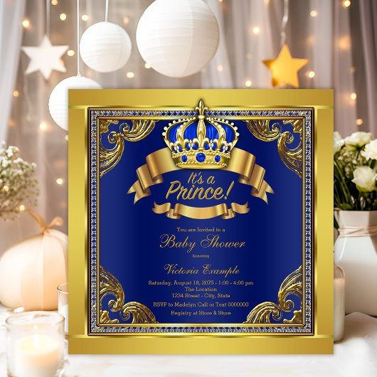 Gold Crown Royal Blue Prince Boy Baby Dusche Einladung