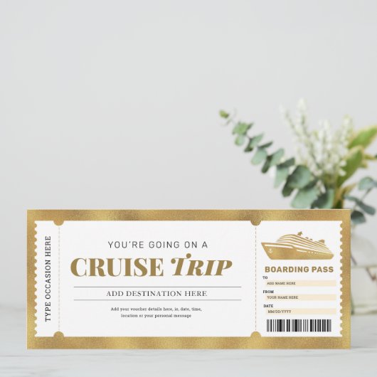Gold Cruise Boarding Pass Ticket Gutschein Einladung (Stehend Vorderseite)
