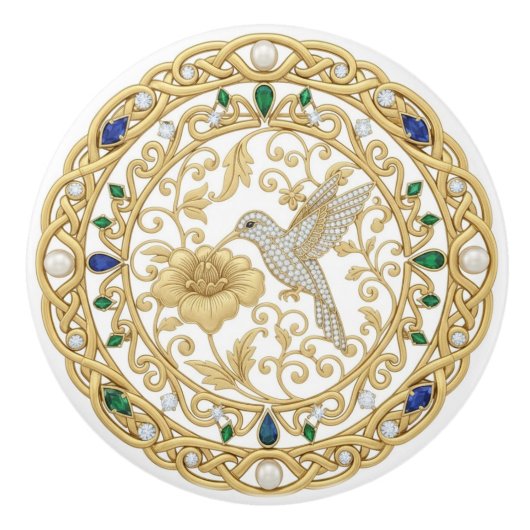 Gold Crystal Hummingbird Bird 2D graphic gemstones Keramikknauf (Vorderseite)