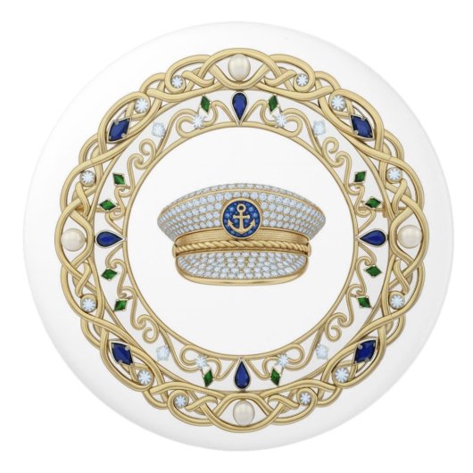 Gold Crystal Ship Captain's Hat 2Dgraphic Nautical Keramikknauf (Vorderseite)