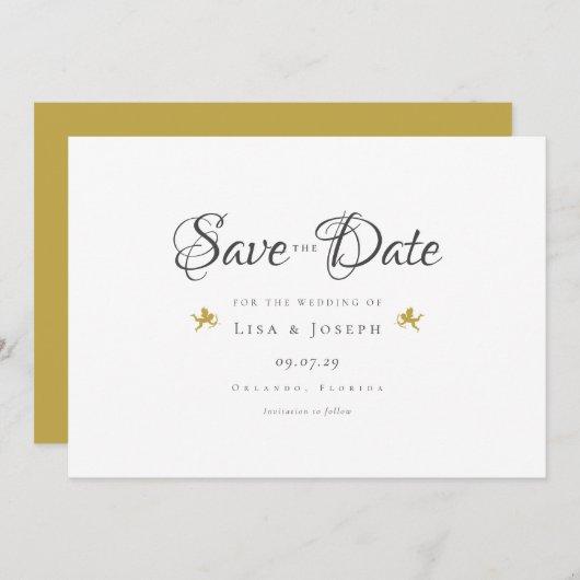 Gold Cupids Elegantes Skript Save The Date (Vorne/Hinten)
