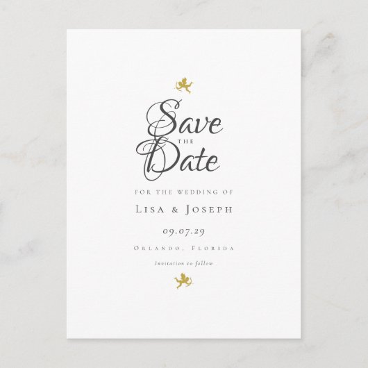 Gold Cupids Elegantes Skript Save the Date Ankündigungspostkarte (Vorderseite)