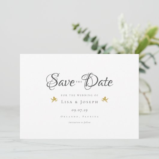 Gold Cupids Elegantes Skript Save the Date Einladung (Stehend Vorderseite)