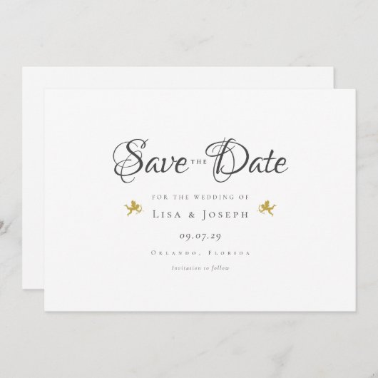 Gold Cupids Elegantes Skript Save the Date Einladung (Vorne/Hinten)