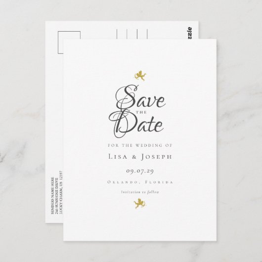 Gold Cupids Elegantes Skript Save the Date Postkarte (Vorne/Hinten)
