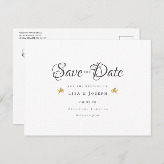 Gold Cupids Elegantes Skript Save the Date Postkarte (Vorne/Hinten)
