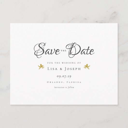 Gold Cupids Elegantes Skript Save the Date Postkarte (Vorderseite)