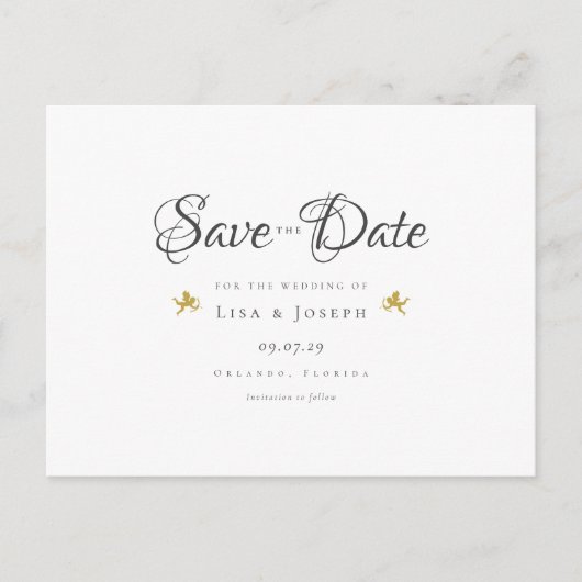 Gold Cupids Elegantes Skript Save the Date Postkarte (Vorderseite)