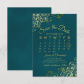Gold Curls & Swirls Elegant Teal Wedding Calendar Save The Date (Vorne/Hinten)