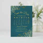 Gold Curls & Swirls Elegant Teal Wedding Calendar Save The Date (Stehend Vorderseite)