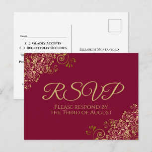 Gold Curls & Wirbel Maroon Burgundy Wedding RSVP Postkarte