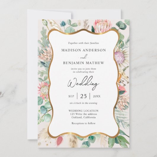 Gold Curvy Eucalyptus Pampas Grass Protea Wedding Einladung (Vorderseite)