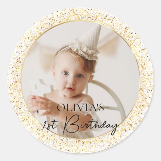 Gold Custom Foto Birthday Classic Round Aufkleber (Vorderseite)
