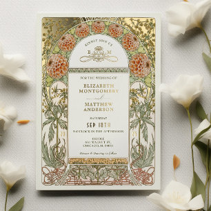 Gold-Dahlie Vintage-Hochzeitskunst im Jugendstil Folieneinladung
