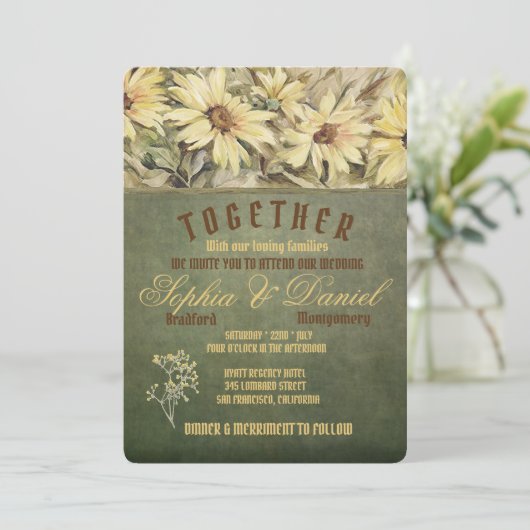 Gold Daisies auf Sage Wedding Einladungen (Stehend Vorderseite)