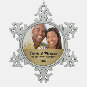 Gold Damask 1. Weihnachts-Zusammen-Foto Schneeflocken Zinn-Ornament