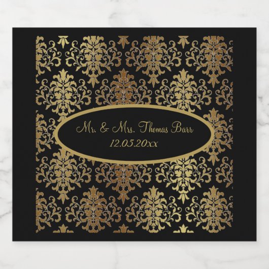Gold Damask Black Script Wedding Elegant Bierflaschenetikett (Einzelnes Label)