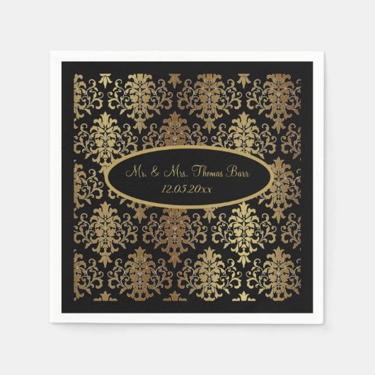 Gold Damask Black Script Wedding Elegant Serviette (Vorderseite)